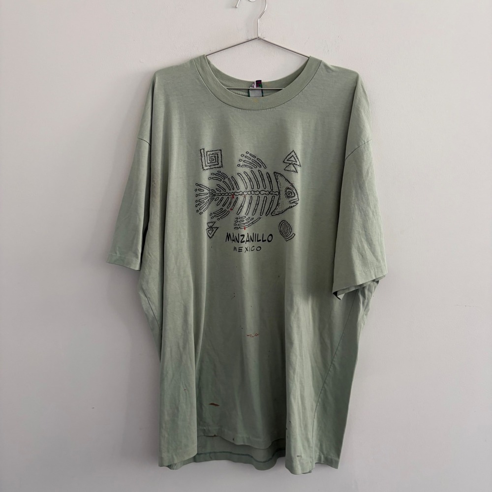 Vintage Arei Manzanillo Mexico Fish Skeleton Graphic T-Shirt XXL Sage Green